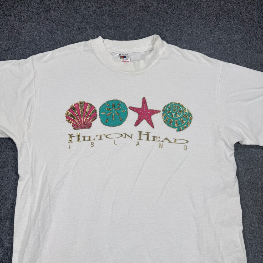 Vintage Fruit of the Loom Hilton Head Island Shells T-Shirt White Medium 90s USA